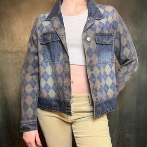 Easel Argyle Denim Jacket Small Hipster Indie Retro‎ Jean Coat Size Small